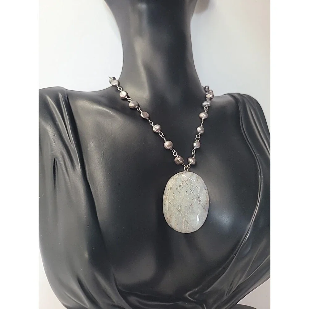 Vintage Silver Tone Beaded Necklace Gray Oval Natural Stone Pendant Boho Artisan - Picture 5 of 11